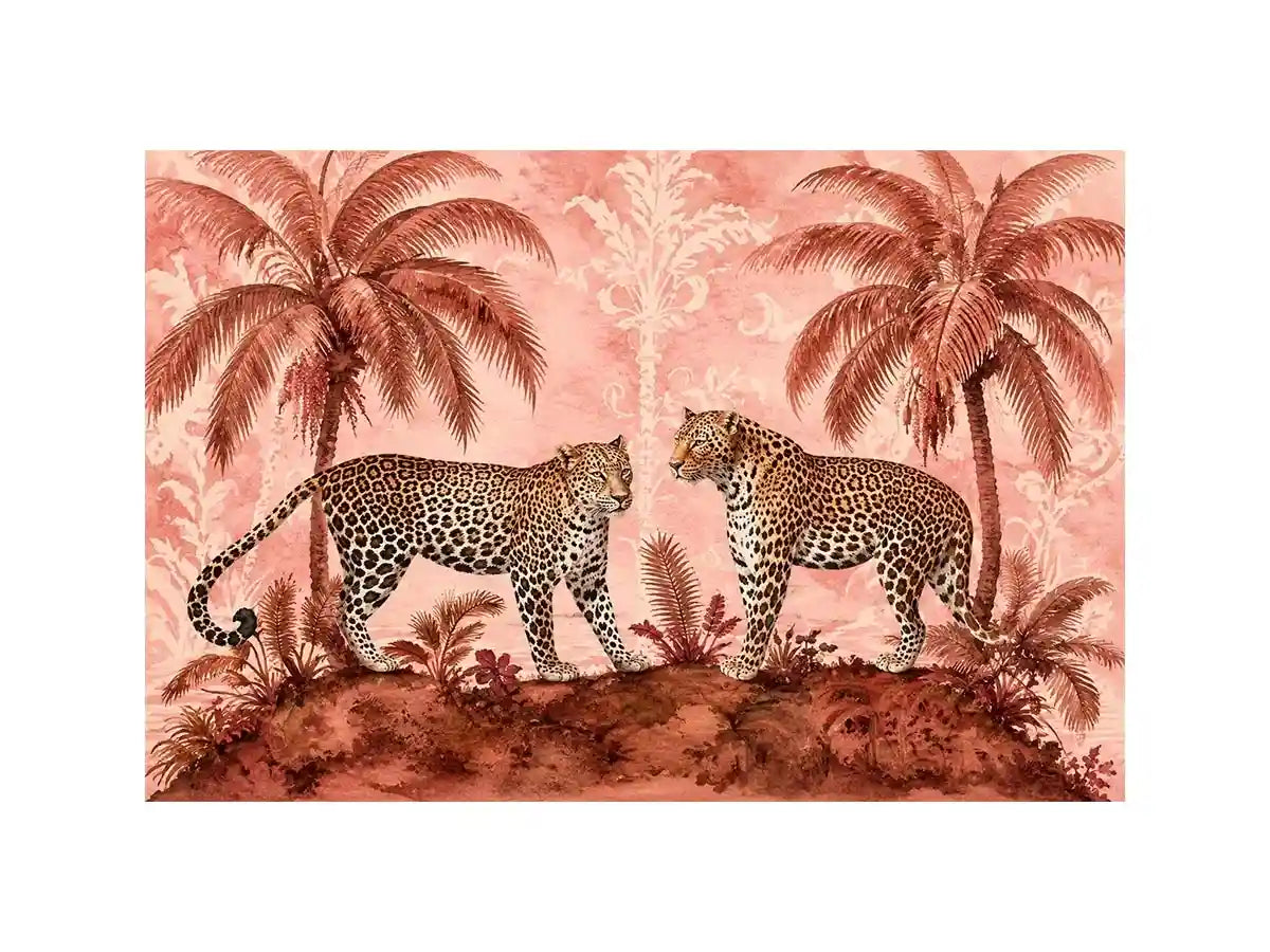 Vintage leopard tropical landscape in blush tones for stylish living room wall decor.