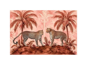 Vintage leopard tropical landscape in blush tones for stylish living room wall decor.