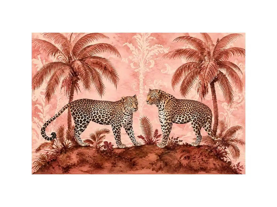Vintage leopard tropical landscape in blush tones for stylish living room wall decor.