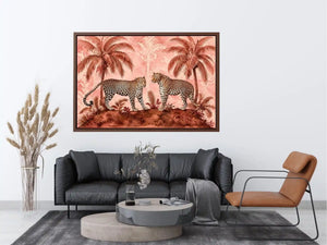 Vintage leopard tropical landscape in blush tones for stylish living room wall decor.