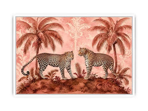 Vintage leopard tropical landscape in blush tones for stylish living room wall decor.