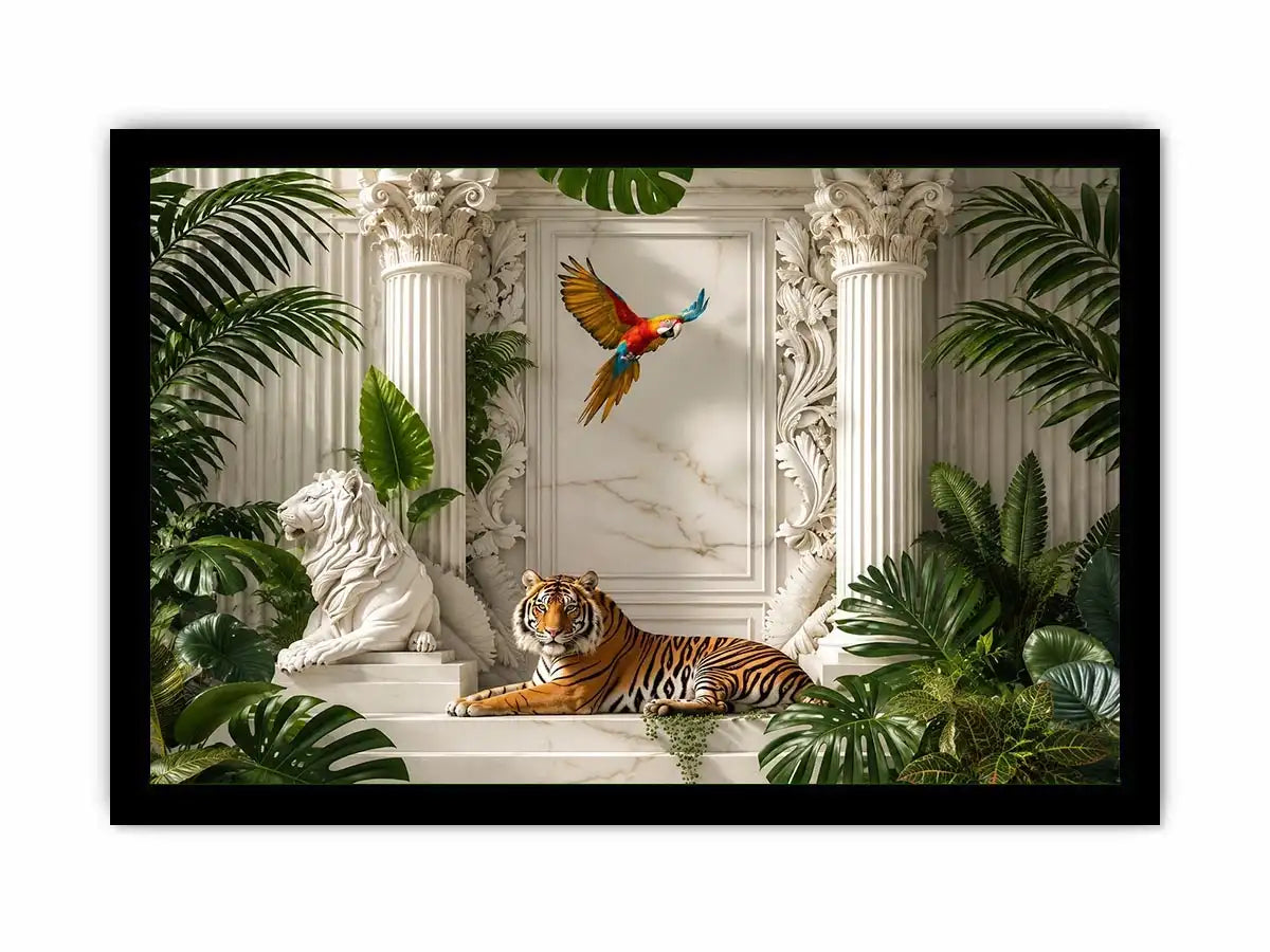 Tiger in luxurious tropical marble palace for stylish living room wall decor.