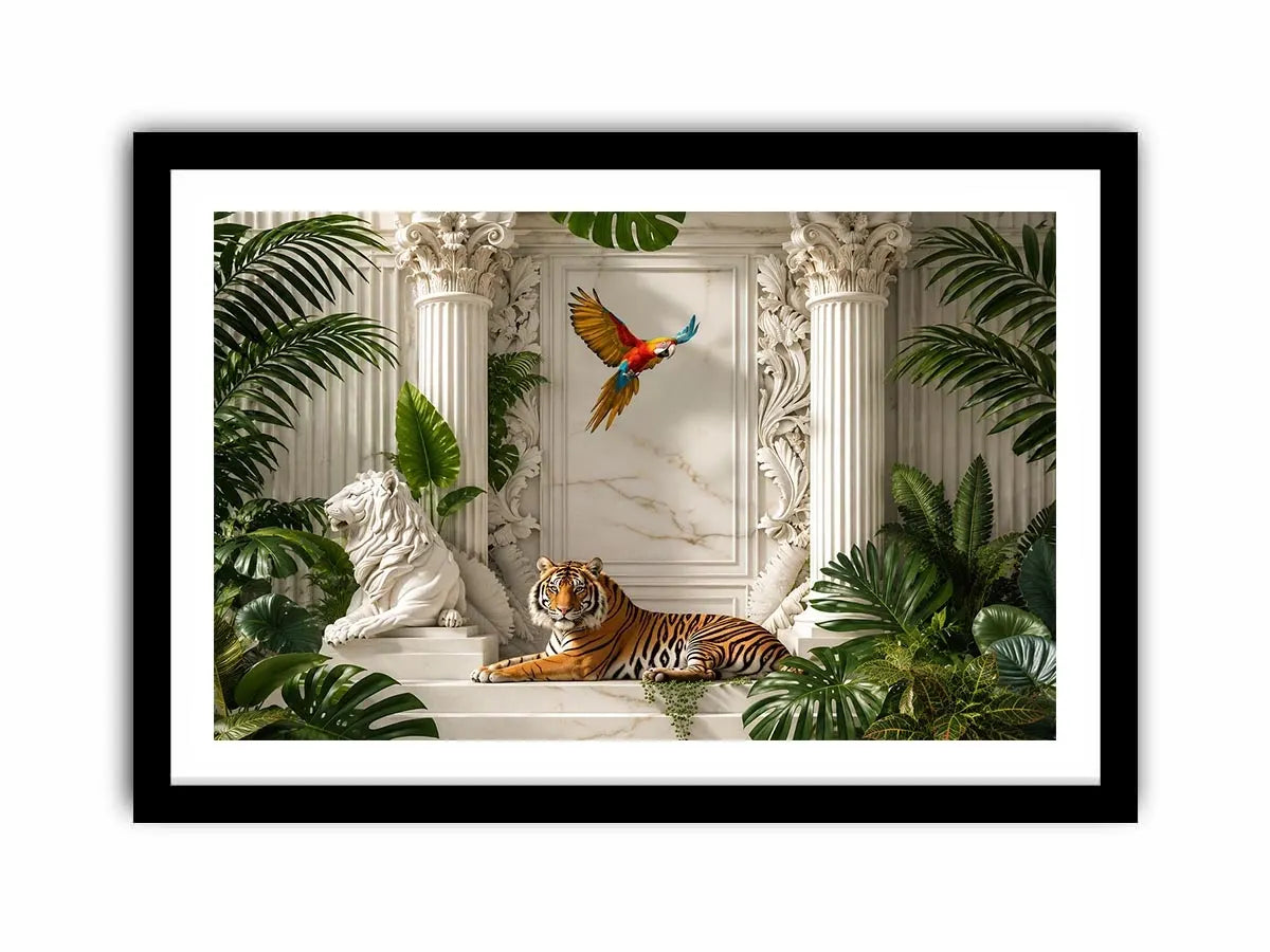 Tiger in luxurious tropical marble palace for stylish living room wall decor.