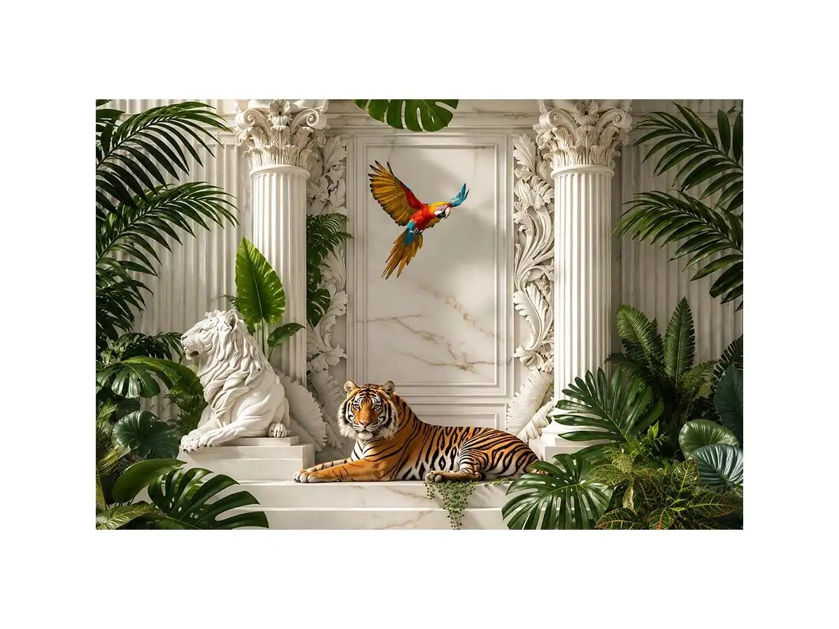 Tiger in luxurious tropical marble palace for stylish living room wall decor.