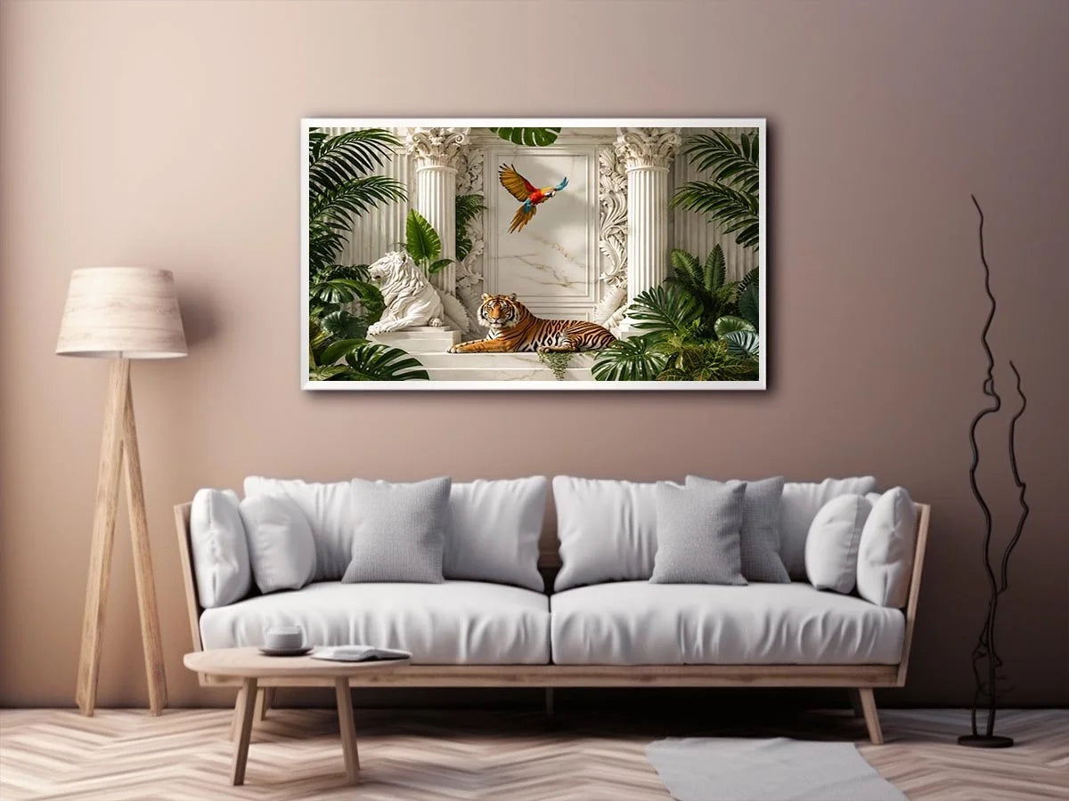 Tiger in luxurious tropical marble palace for stylish living room wall decor.
