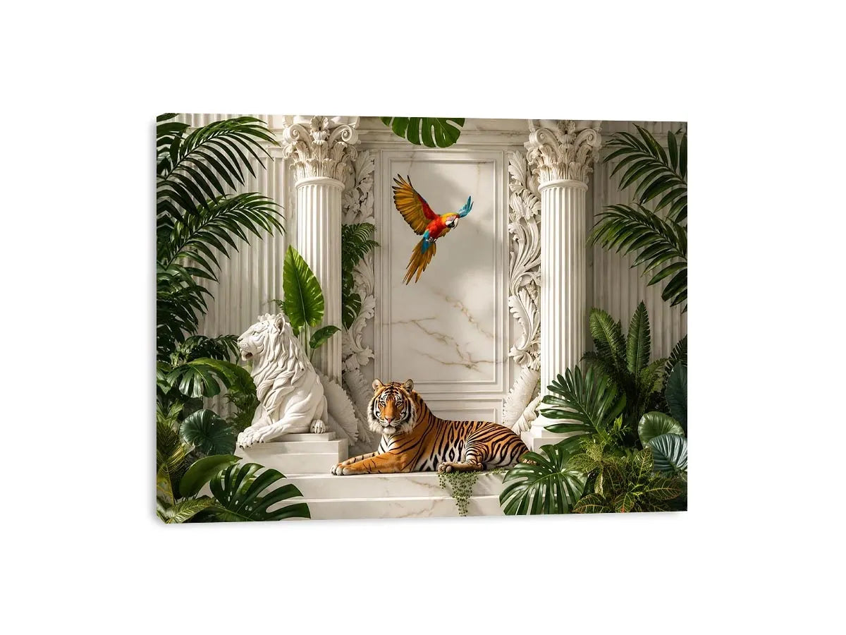 Tiger in luxurious tropical marble palace for stylish living room wall decor.