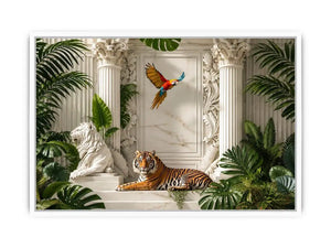 Tiger in luxurious tropical marble palace for stylish living room wall decor.