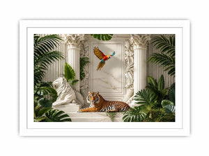 Tiger in luxurious tropical marble palace for stylish living room wall decor.