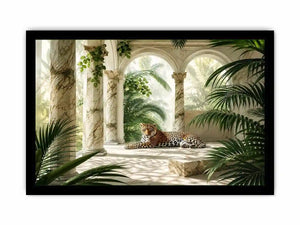 Leopard in tropical marble pavilion for stylish living room wall decor.
