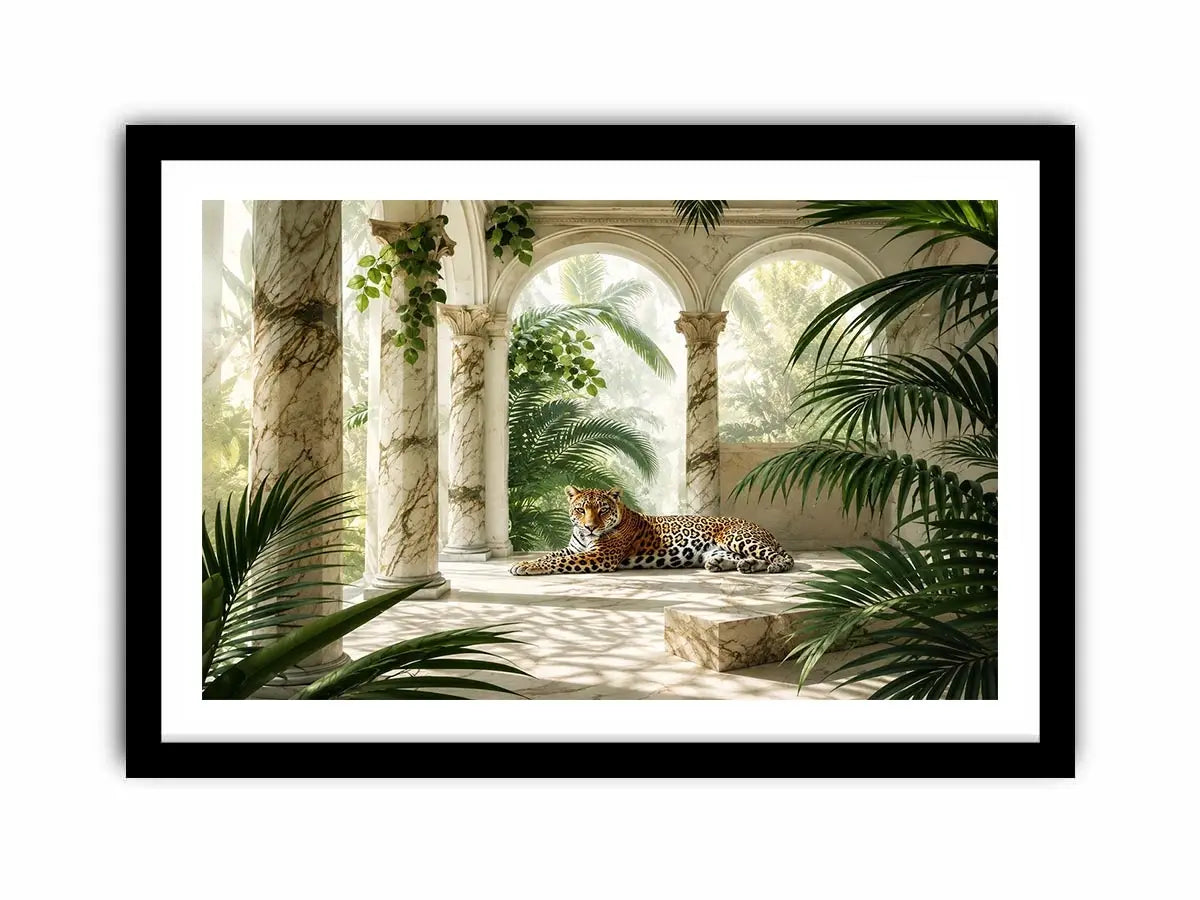 Leopard in tropical marble pavilion for stylish living room wall decor.