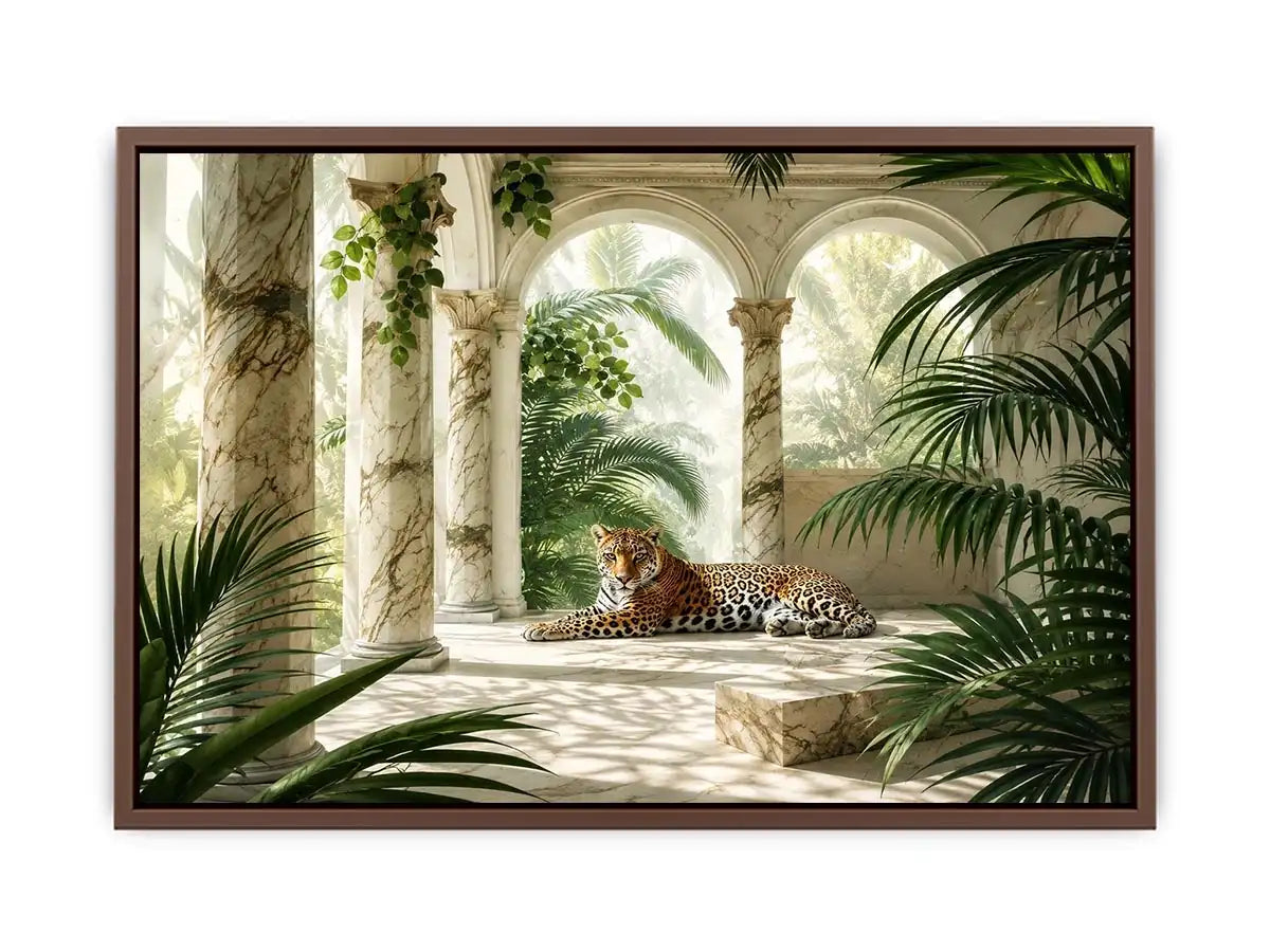 Leopard in tropical marble pavilion for stylish living room wall decor.