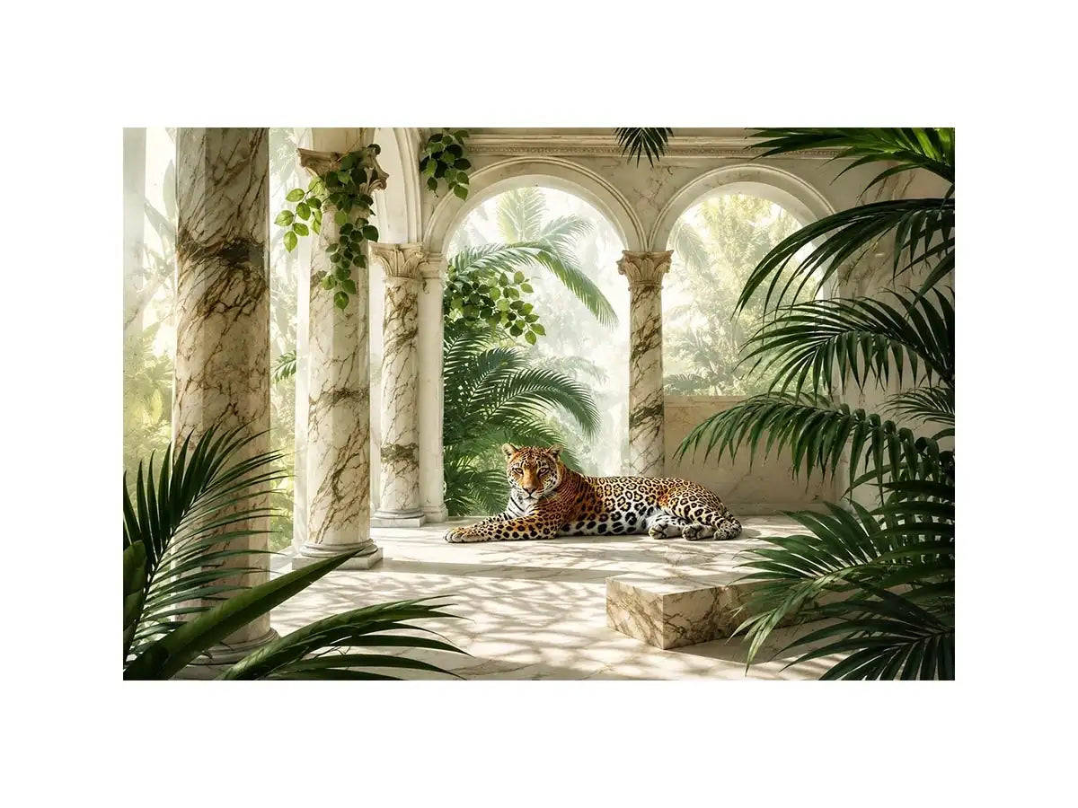 Leopard in tropical marble pavilion for stylish living room wall decor.