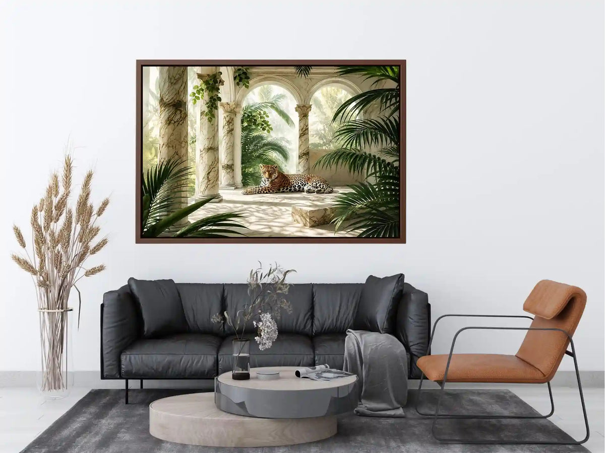 Leopard in tropical marble pavilion for stylish living room wall decor.