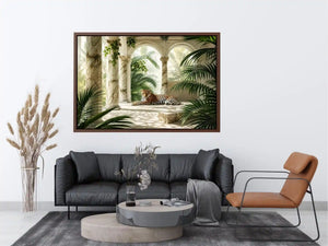 Leopard in tropical marble pavilion for stylish living room wall decor.