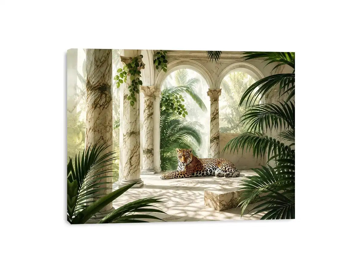 Leopard in tropical marble pavilion for stylish living room wall decor.