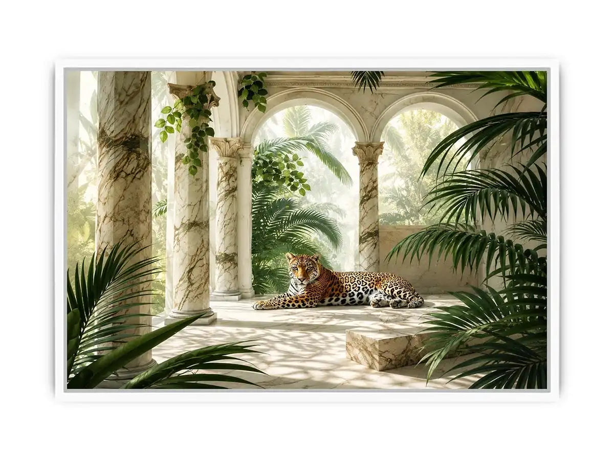 Leopard in tropical marble pavilion for stylish living room wall decor.