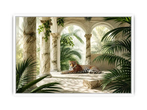 Leopard in tropical marble pavilion for stylish living room wall decor.