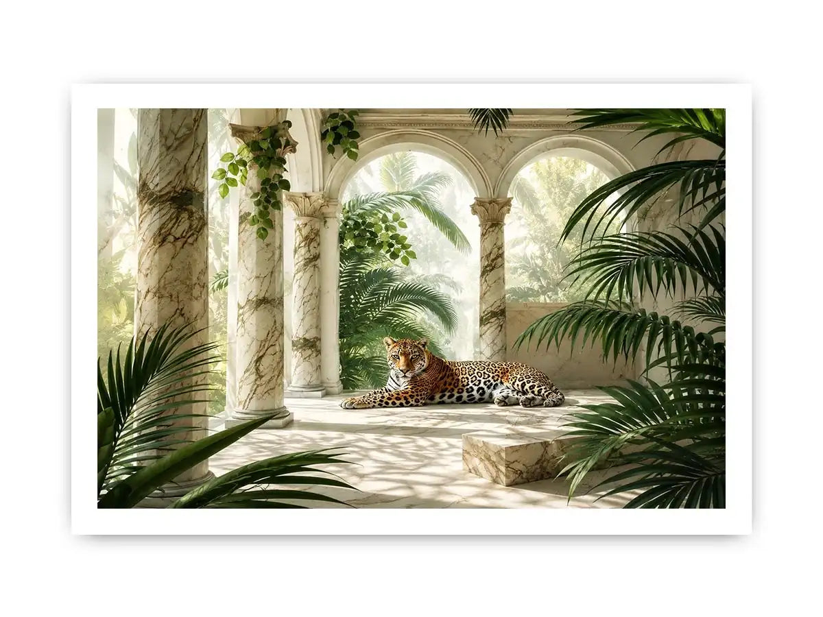 Leopard in tropical marble pavilion for stylish living room wall decor.