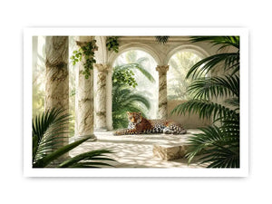 Leopard in tropical marble pavilion for stylish living room wall decor.