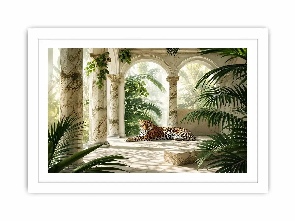 Leopard in tropical marble pavilion for stylish living room wall decor.
