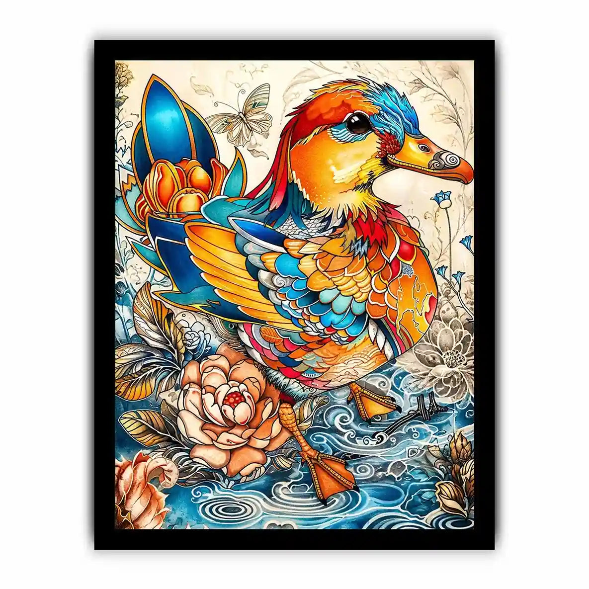 Colorful decorative duck illustration with floral patterns and intricate artistic details