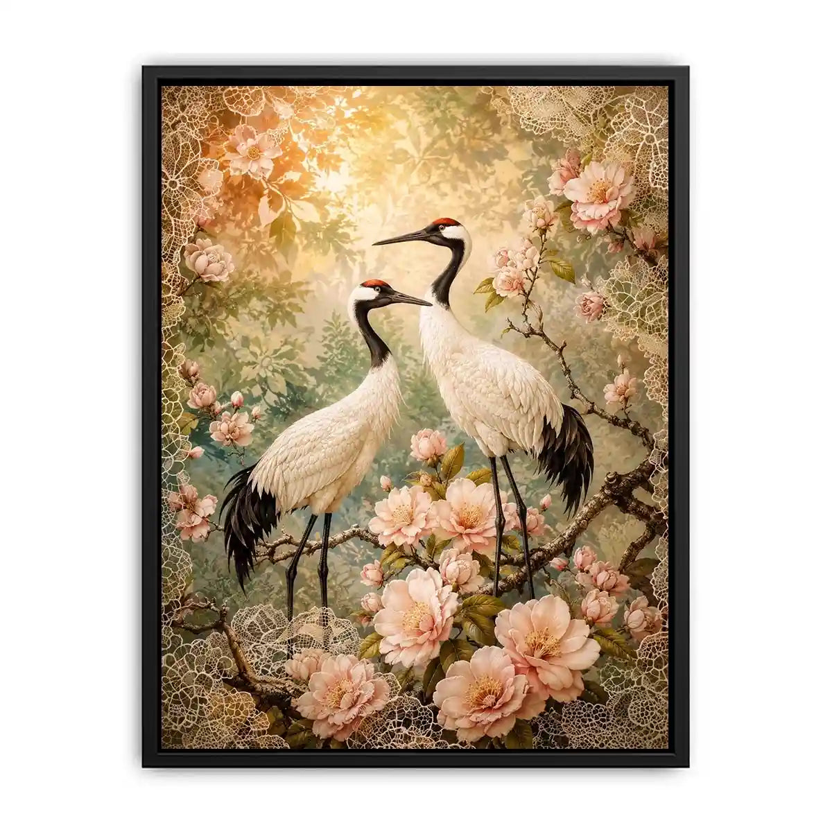 Elegant cranes with cherry blossoms for stylish living room wall decor.
