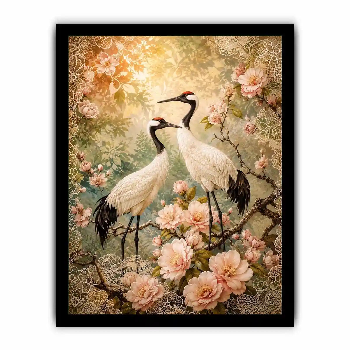 Elegant cranes with cherry blossoms for stylish living room wall decor.