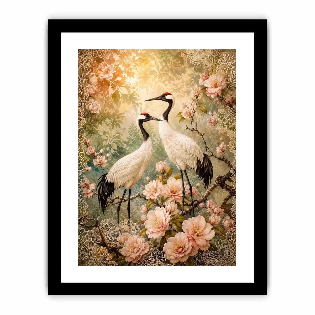 Elegant cranes with cherry blossoms for stylish living room wall decor.