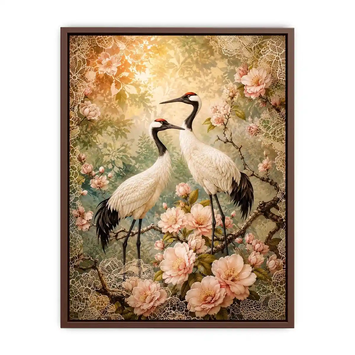 Elegant cranes with cherry blossoms for stylish living room wall decor.