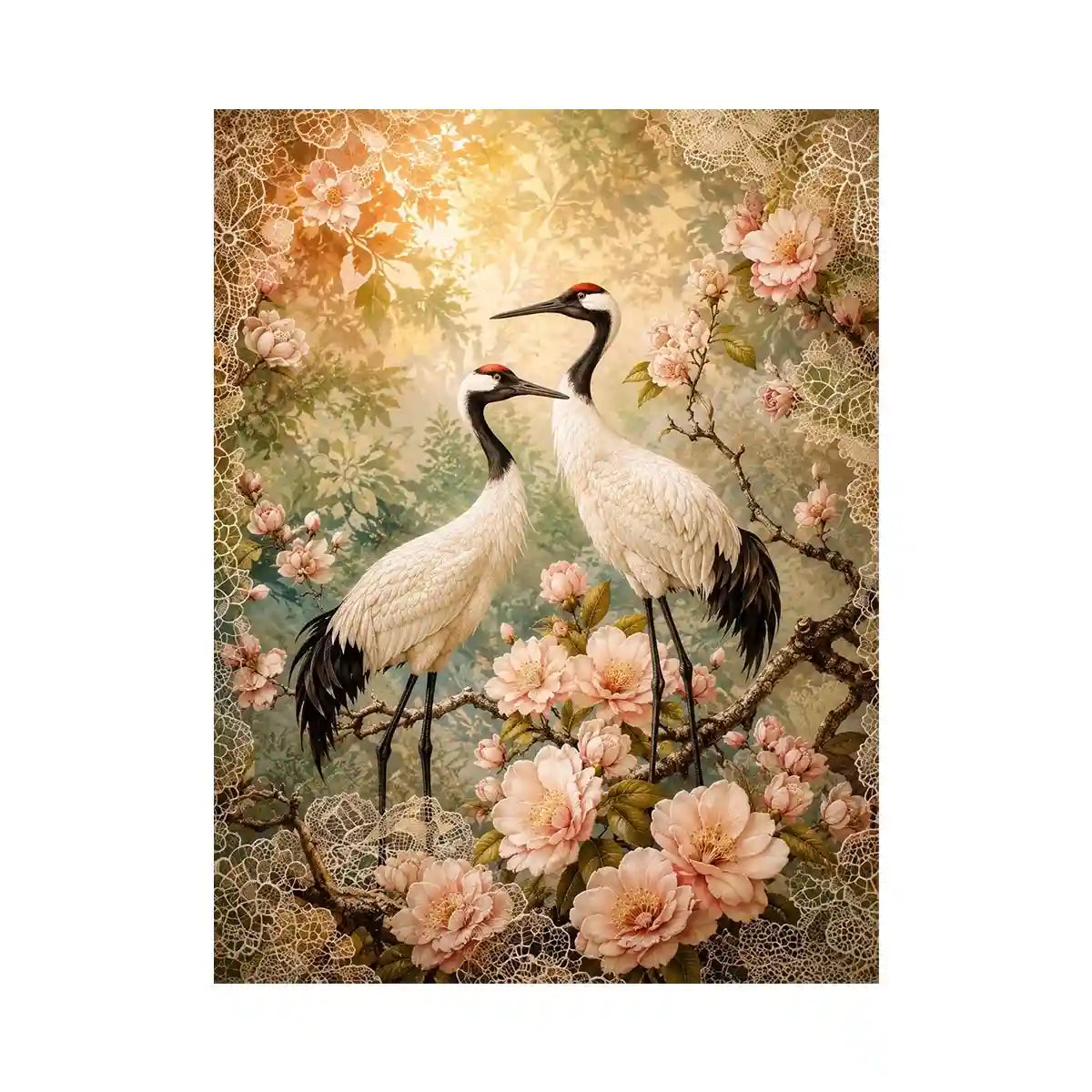Elegant cranes with cherry blossoms for stylish living room wall decor.