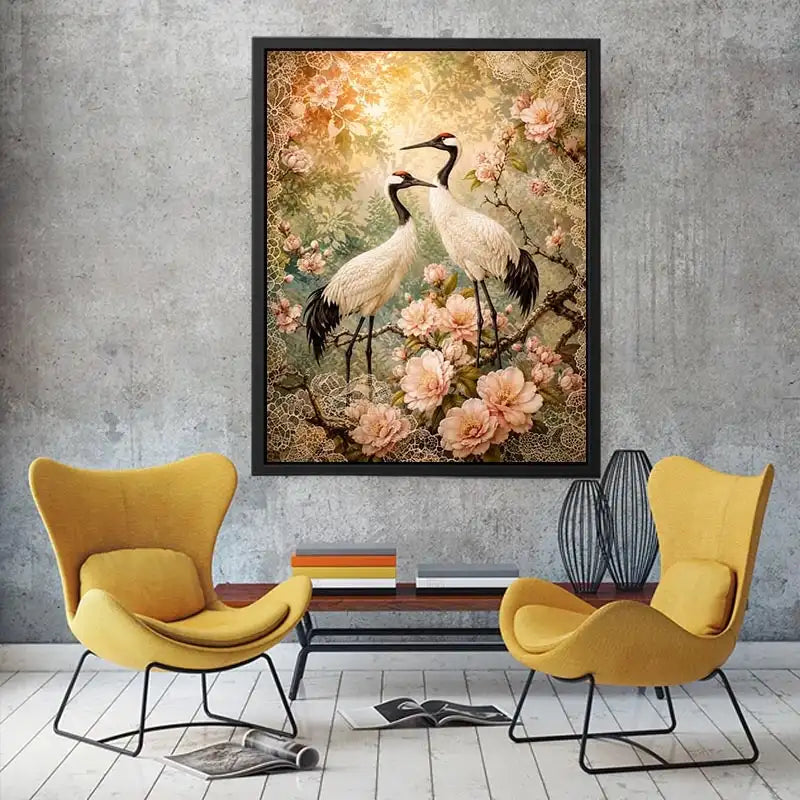 Elegant cranes with cherry blossoms for stylish living room wall decor.