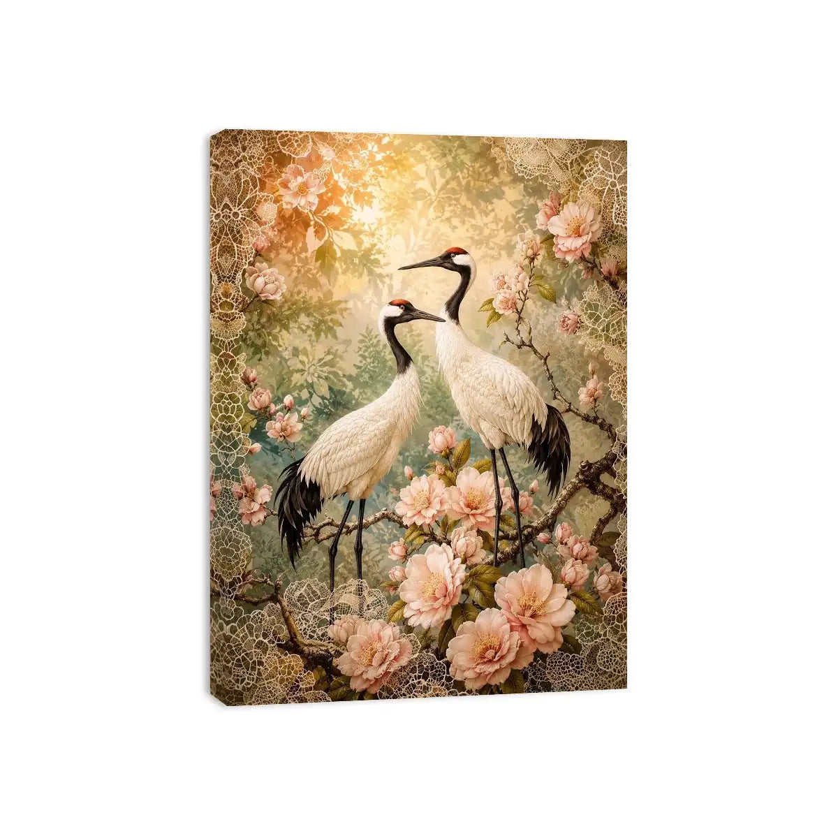 Elegant cranes with cherry blossoms for stylish living room wall decor.