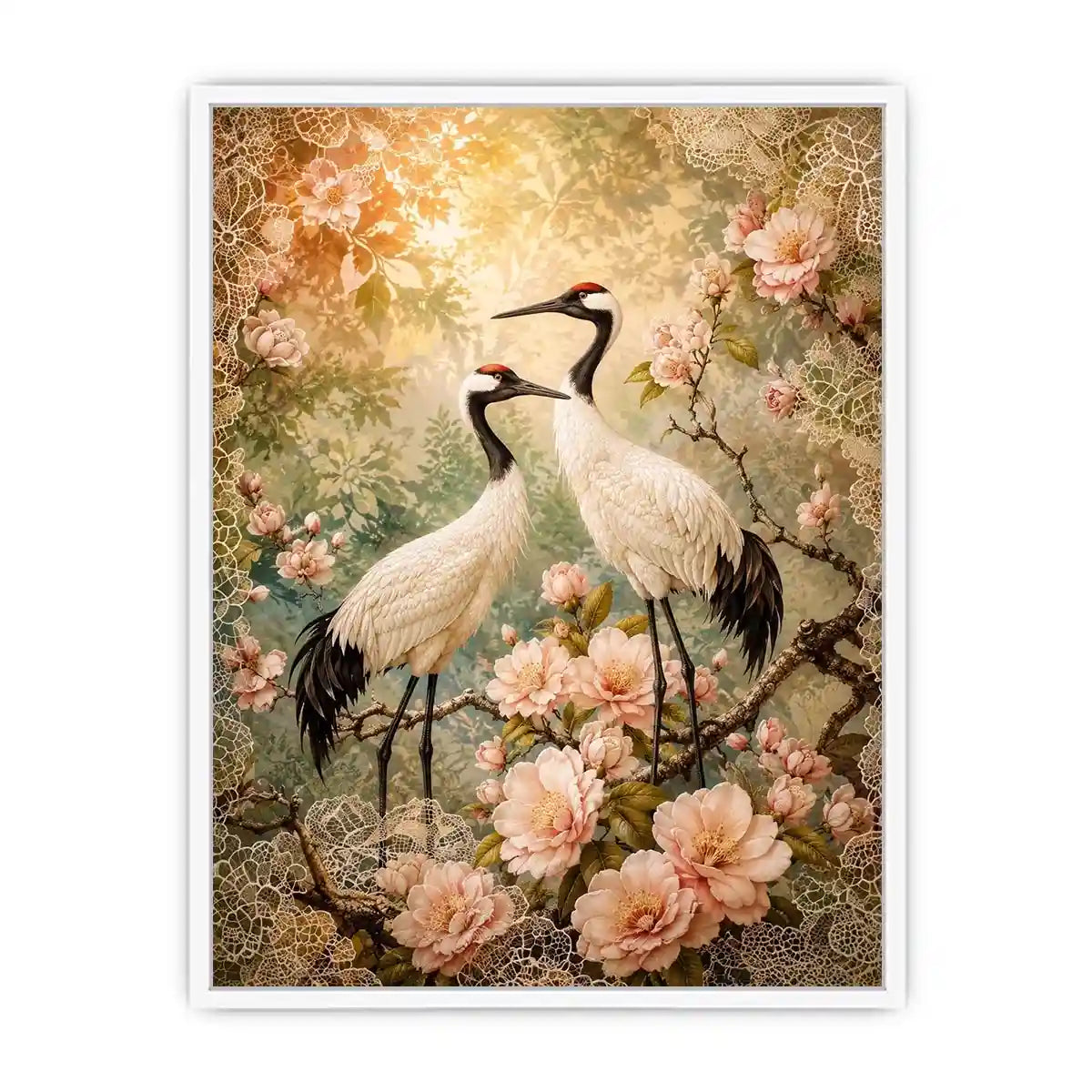 Elegant cranes with cherry blossoms for stylish living room wall decor.