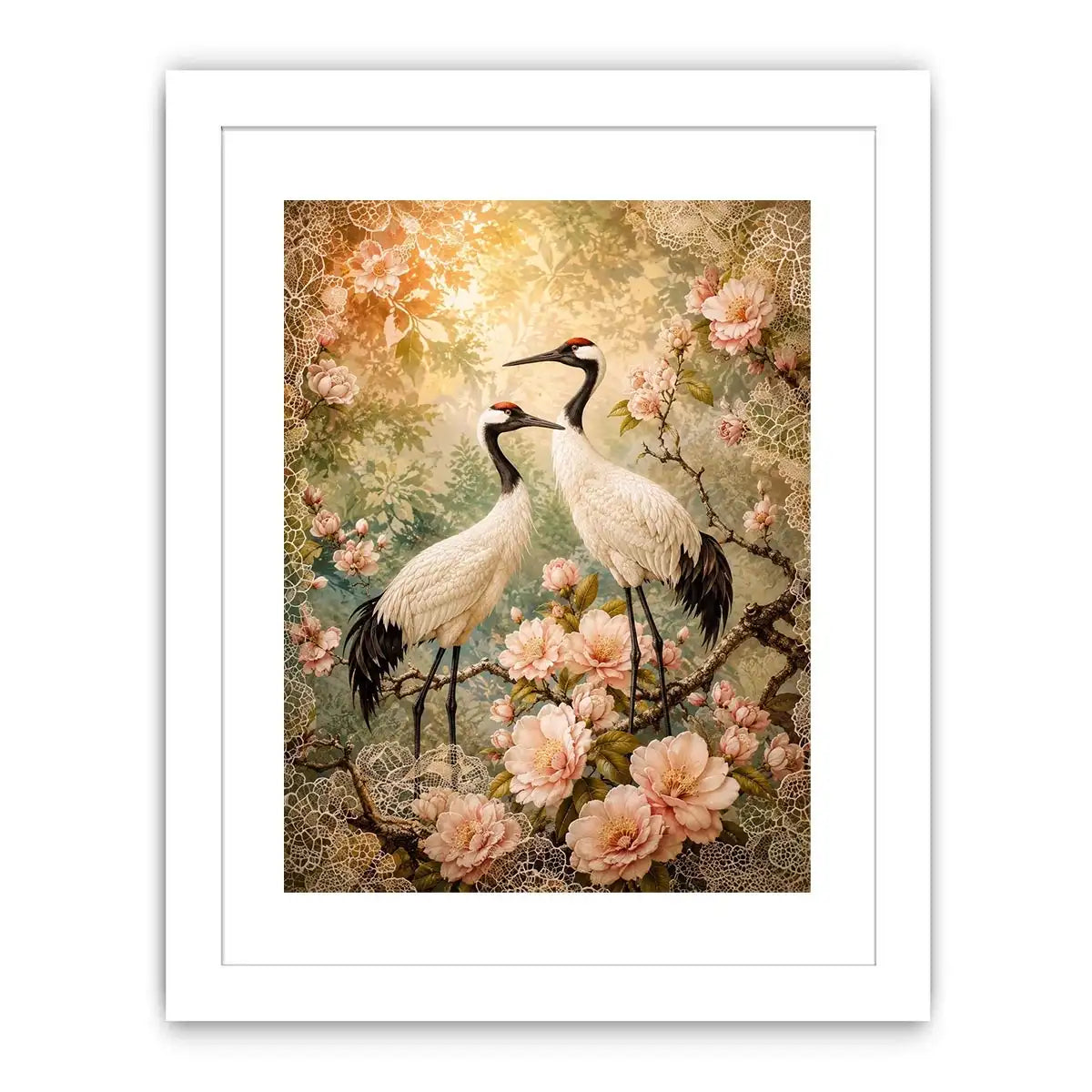 Elegant cranes with cherry blossoms for stylish living room wall decor.