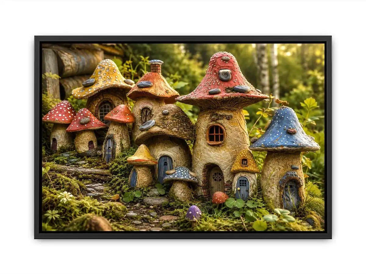 Fantasy mushroom cottage village for stylish living room wall decor.