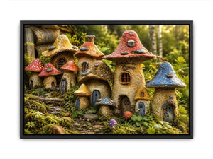 Fantasy mushroom cottage village for stylish living room wall decor.