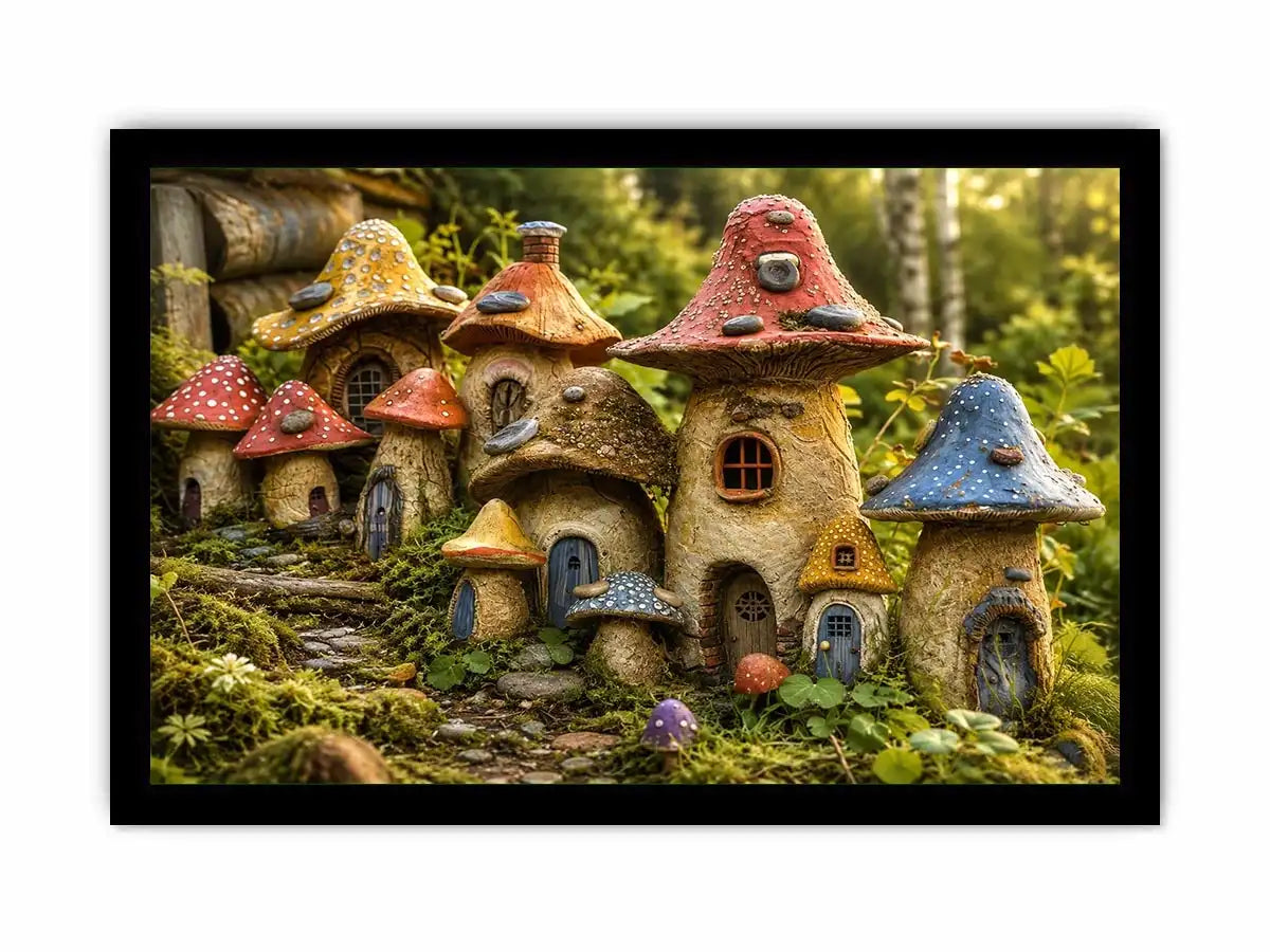 Fantasy mushroom cottage village for stylish living room wall decor.
