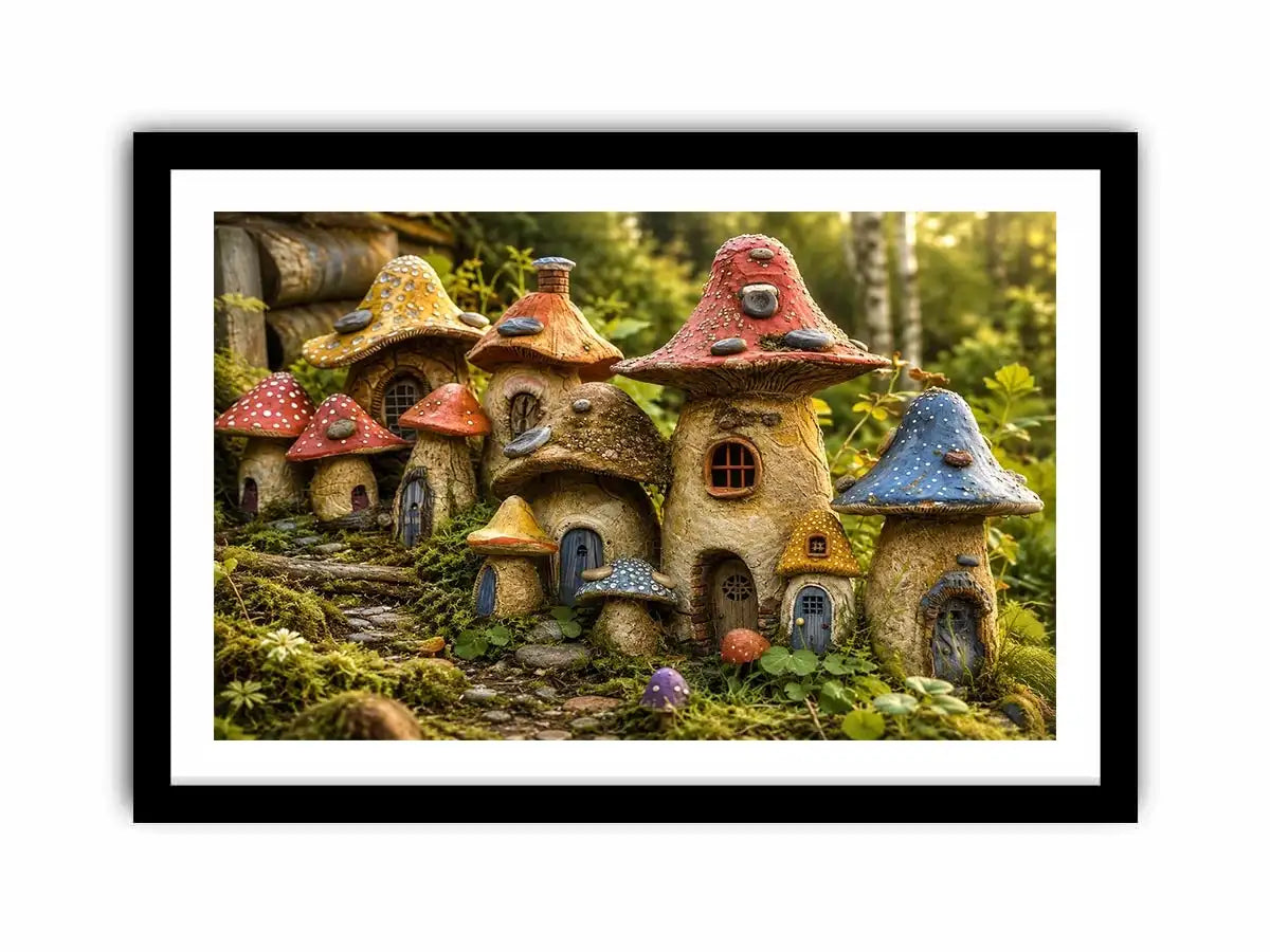 Fantasy mushroom cottage village for stylish living room wall decor.