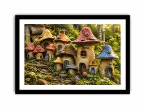 Fantasy mushroom cottage village for stylish living room wall decor.