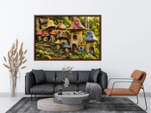Fantasy mushroom cottage village for stylish living room wall decor.