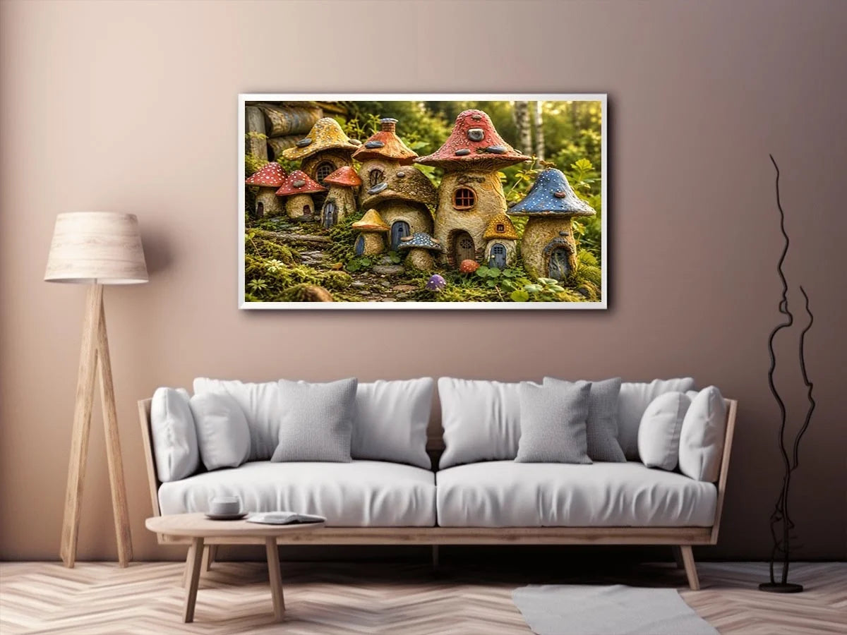 Fantasy mushroom cottage village for stylish living room wall decor.