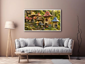 Fantasy mushroom cottage village for stylish living room wall decor.