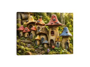 Fantasy mushroom cottage village for stylish living room wall decor.