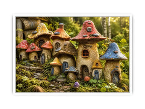 Fantasy mushroom cottage village for stylish living room wall decor.