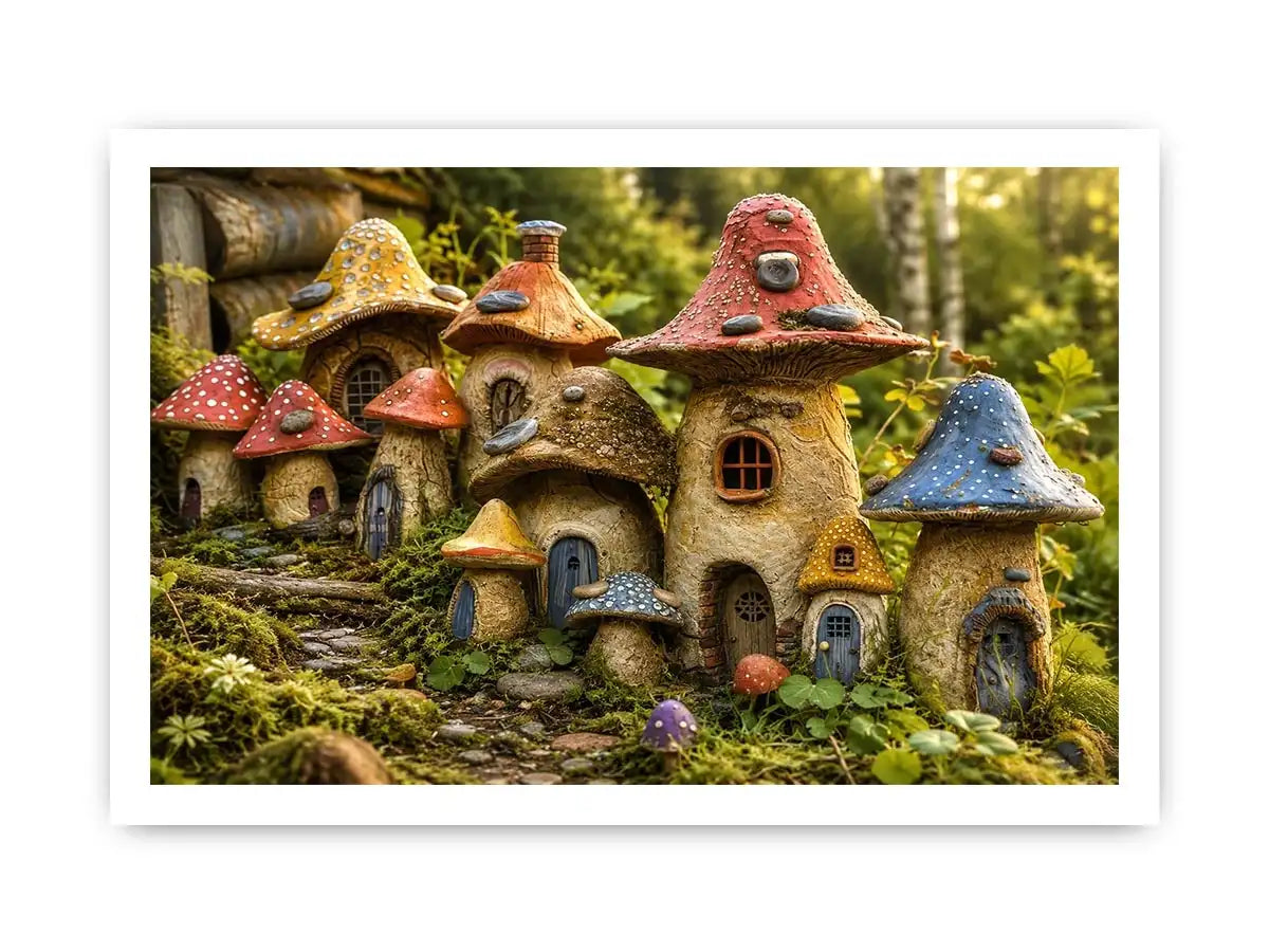 Fantasy mushroom cottage village for stylish living room wall decor.