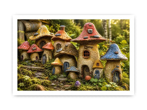 Fantasy mushroom cottage village for stylish living room wall decor.