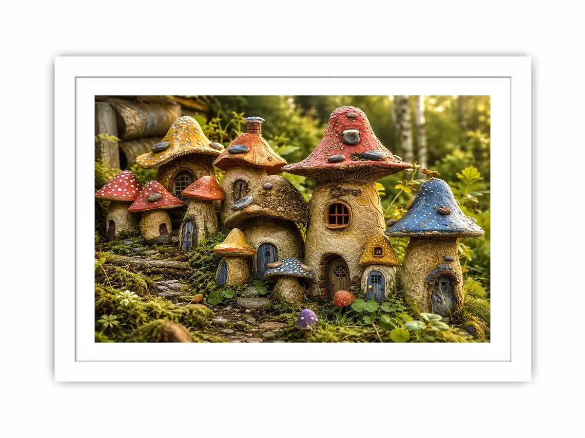 Fantasy mushroom cottage village for stylish living room wall decor.