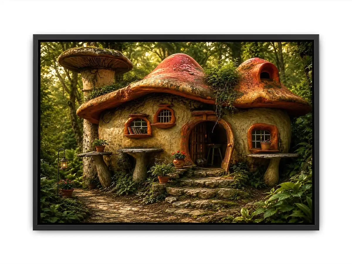 Whimsical mushroom house in forest for stylish living room wall decor.