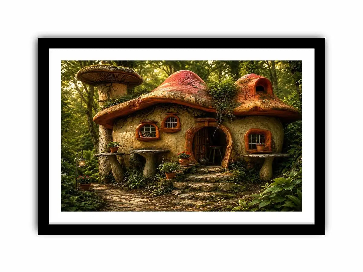 Whimsical mushroom house in forest for stylish living room wall decor.