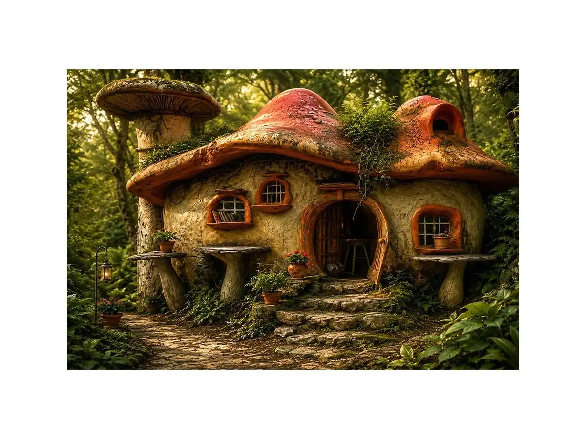 Whimsical mushroom house in forest for stylish living room wall decor.